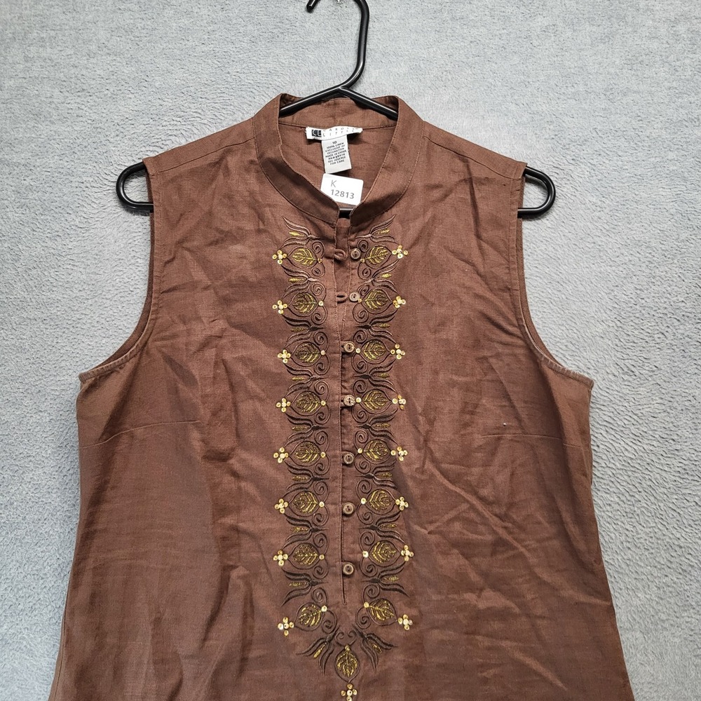 Carole Little Women Dress 10 Brown Linen Shift Sleeveless Embroidered Beaded - Picture 3 of 8